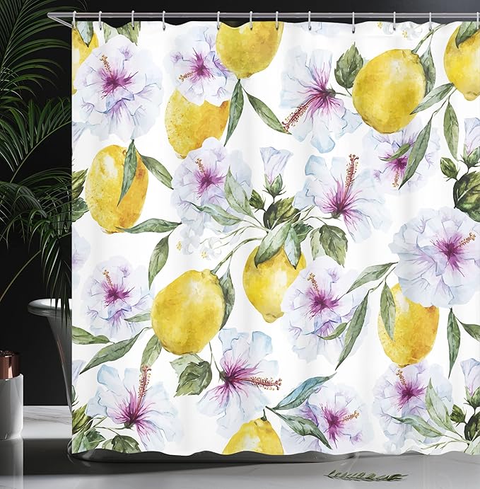 Ambesonne Spring Shower Curtain, Hibiscus Flowers and Big Lemons Watercolor Paint Print Farmhouse Vibe, Cloth Fabric Bathroom Decor Set with Hooks, 69" W x 70" L, Multicolor Yellow Green