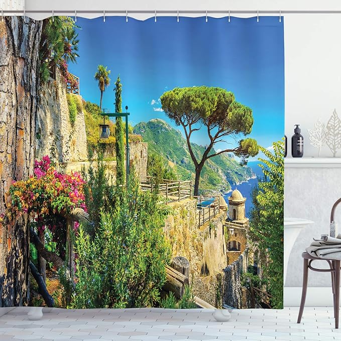 Ambesonne Scenery Shower Curtain, Mediterranean Stone Made Village with Trees Blossoms Flower Mountain and Sea, Cloth Fabric Bathroom Decor Set with Hooks, 69" W x 75" L, Multicolor Sky Blue