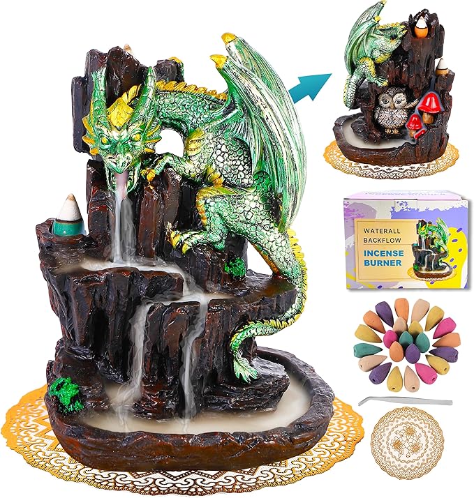 Dragon Backflow 2 Sided Mountain Waterfall Incense Burner,Fountain Smoke Incense Holder with Backflow Incense Cones, Tweezers, Mat，Resin Aromatherapy Meditation (Green)