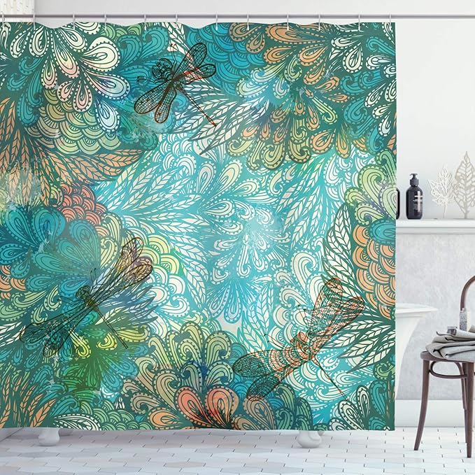 Ambesonne Dragonfly Shower Curtain, Fantasy Flowers Mixed in Various Tones Shabby Form Feminine Beauty Print, Cloth Fabric Bathroom Decor Set with Hooks, 69" W x 70" L, Turquoise Amber