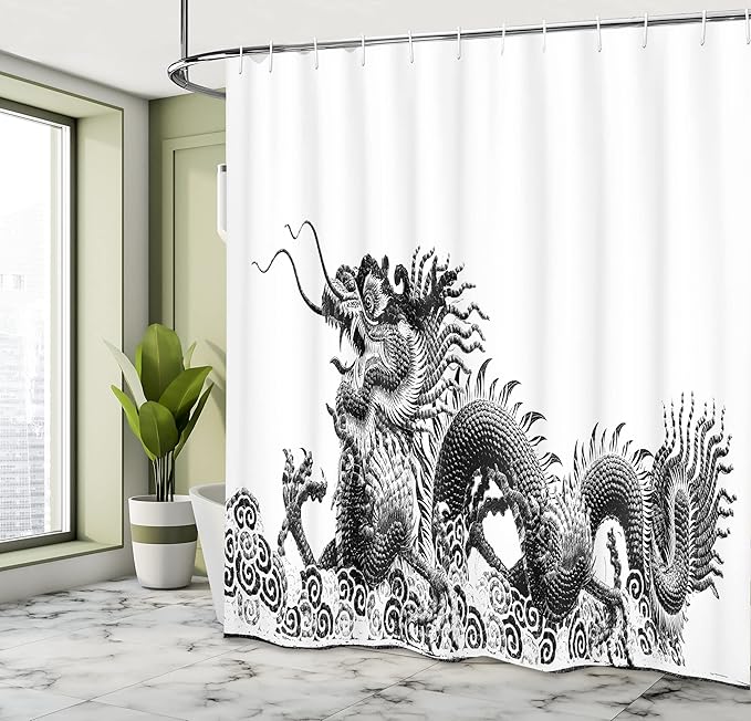 Ambesonne Dragon Shower Curtain, Traditional Chinese Dragon Symbolize Strength and Luck Powers Fantasy Graphic, Cloth Fabric Bathroom Decor Set with Hooks, 69" W x 70" L, White and Ink