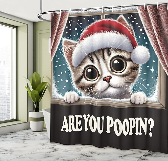 Ambesonne Christmas Shower Curtain, Funny Kitten with Santa Hat Asking are You Pooping Snowing Window, Cloth Fabric Bathroom Decor Set with Hooks, 69" W x 75" L, Red Pale Sepia and Teal