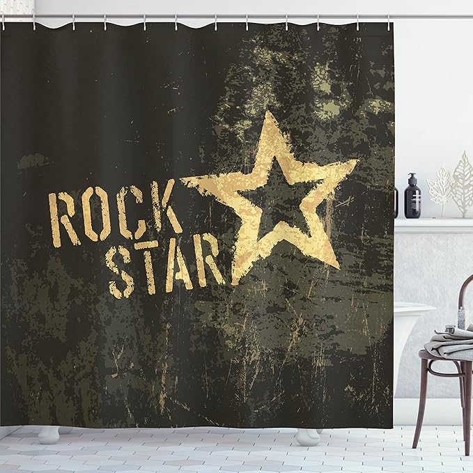 Ambesonne Star Print Shower Curtain, Rock Lettering Dark Grunge Backdrop Concert Music Themed Party Themed Art Print, Cloth Fabric Bathroom Decor Set with Hooks, 69" W x 70" L, Brown Mustard