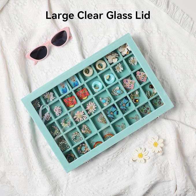 Frebeauty 40 Grid Earring Organizer,Velvet Jewelry Tray with Clear Lid | Drawer Jewelry Organizer for Rings Studs Beads,Adjustable Dividers,Dustproof,Earring Storage,Trinket Box,13.8×9.5Inches