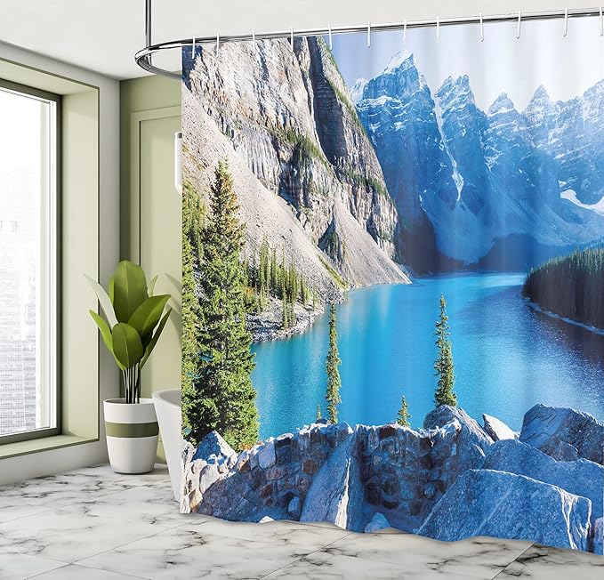 Ambesonne Nature Shower Curtain, Moraine Lake Banff National Park of Canada with Mountains and Pines Valley of The 10 Peaks Artwork, Cloth Fabric Bathroom Set with Hooks, 69" W x 75" L, Green Grey