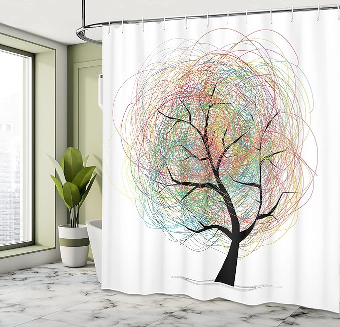 Ambesonne Tree of Life Shower Curtain, Colorful Swirl Doodles Tree with Branches Funky Contemporary Illustration, Cloth Fabric Bathroom Decor Set with Hooks, 69" W x 75" L, Pastel White