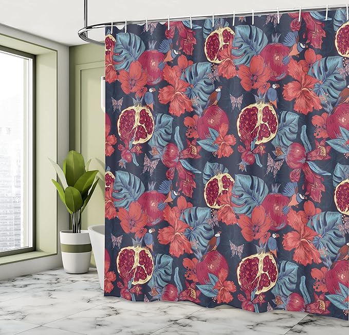 Ambesonne Hawaiian Shower Curtain, Fruit Flowers Butterfly and Birds Pomegranate Vintage Organic Jungle, Cloth Fabric Bathroom Decor Set with Hooks, 69" W x 70" L, Ruby Maroon Dark Blue