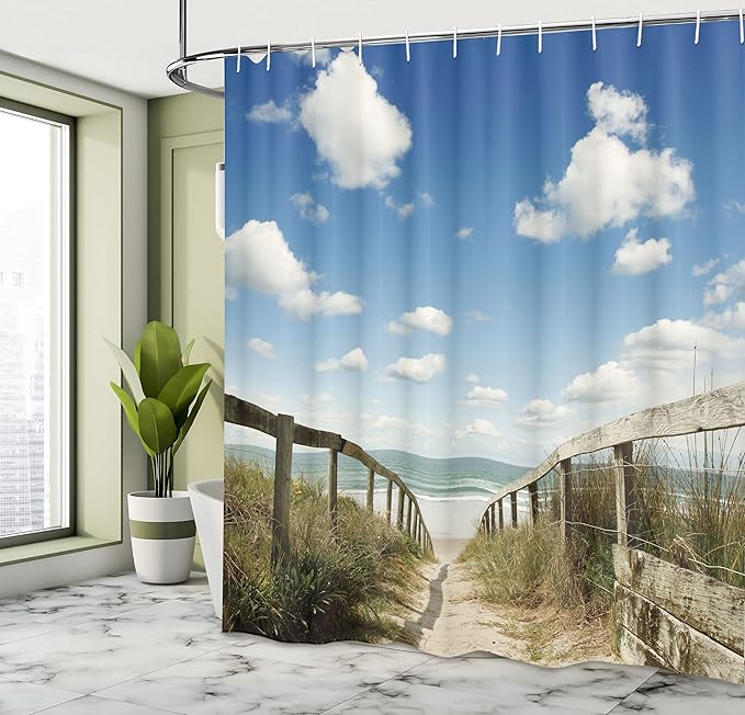 Ambesonne Beach Shower Curtain, Sandy Path Leads to Ocean Pacific Puffy Clouds Vacation Serene Relaxing Beach, Cloth Fabric Bathroom Decor Set with Hooks, 69" W x 70" L, White Cream