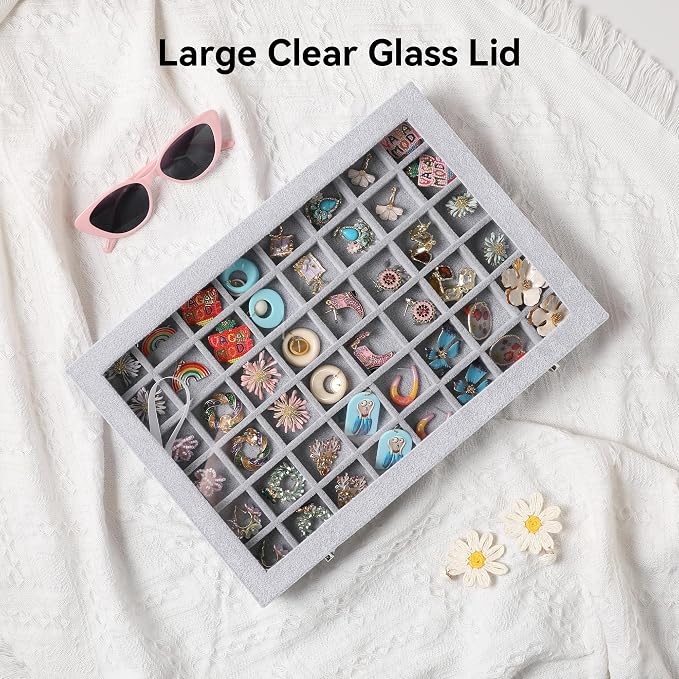 Frebeauty 48 Grid Earring Organizer,Velvet Jewelry Tray with Clear Lid | Drawer Jewelry Organizer for Rings Studs Beads,Adjustable Dividers,Dustproof,Earring Storage,Trinket Box,13.8×9.5Inches