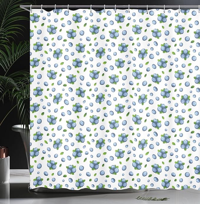 Ambesonne Fruit Shower Curtain, Fresh Blueberries Ripe Juicy Fruits Summer Organics Food Painting Art Style, Cloth Fabric Bathroom Decor Set with Hooks, 69" W x 70" L, Green White