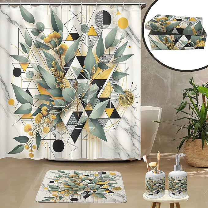 Ambesonne Eucalyptus Leaves Bathroom Decor Set 4 Pcs Including Shower Curtain with Hooks Bath Mat Soap Dispenser Toothbrush Holder in Box Essentials & Accessories, Blossomy Art, Green Black Mustard