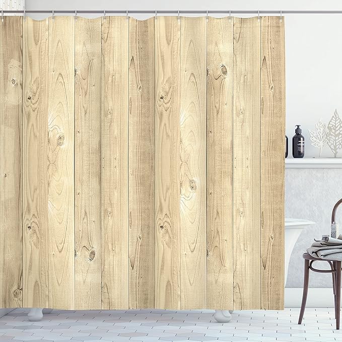 Ambesonne Rustic Shower Curtain, Picture of Smooth Oak Wood Texture in Old Fashion Retro Horizontal Nature Design, Cloth Fabric Bathroom Decor Set with Hooks, 69" W x 70" L, Pale Yellow