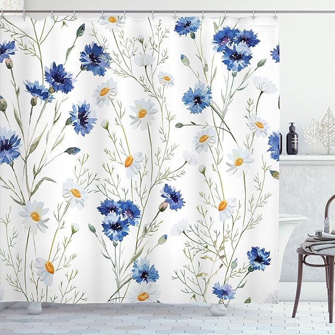 Ambesonne Watercolor Flower Shower Curtain, Wildflowers and Cornflowers Daisies Blooms Flower Buds, Cloth Fabric Bathroom Decor Set with Hooks, 69" W x 75" L, Green Marigold