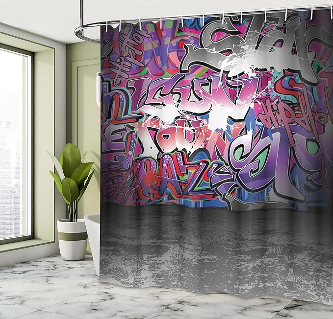 Ambesonne Graffiti Shower Curtain, Urban Life Grunge Street Art Wall Backdrop with Hip Hop Funk Design, Cloth Fabric Bathroom Decor Set with Hooks, 69" W x 70" L, Grey Purple