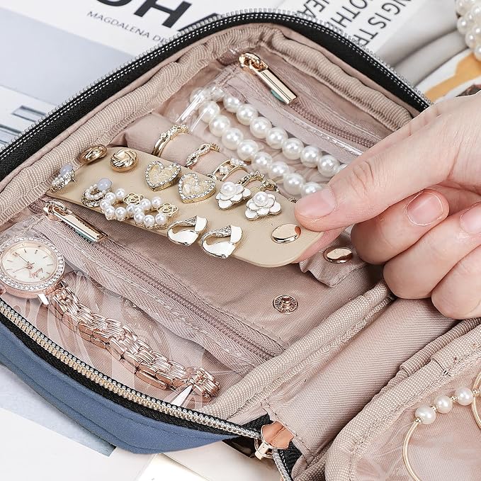 NISHEL Travel Jewelry Case Organizer, Tangle-Free Necklace Storage Bag | Stores rings, earrings, bracelets and watches in a compact case for travel and daily use, Aegean-Blue, Small