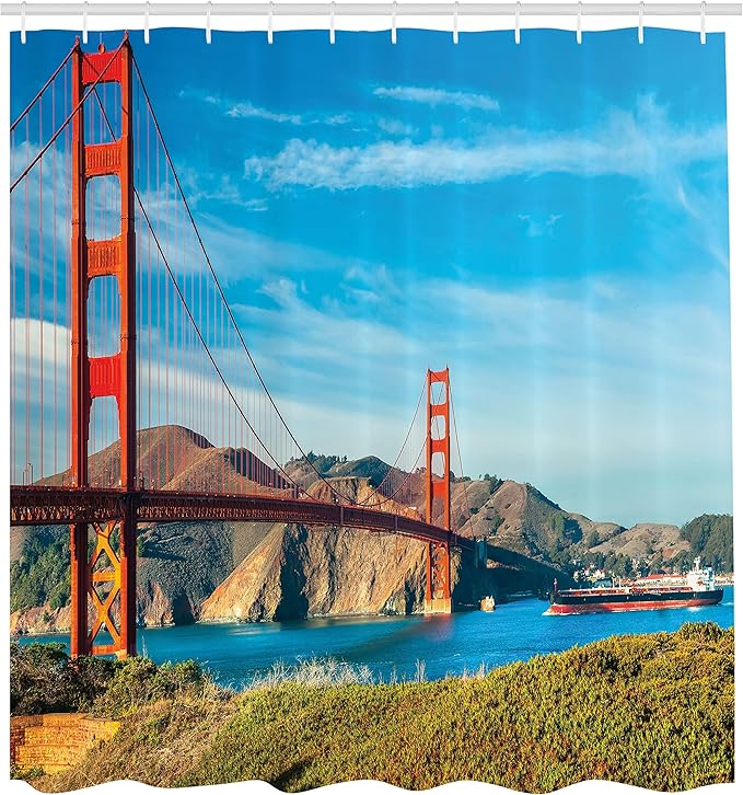 Ambesonne Landscape Shower Curtain, Golden Gate San Francisco Sunny Summer Day Ocean Stones Touristic, Cloth Fabric Bathroom Decor Set with Hooks, 69" W x 70" L, Blue Orange