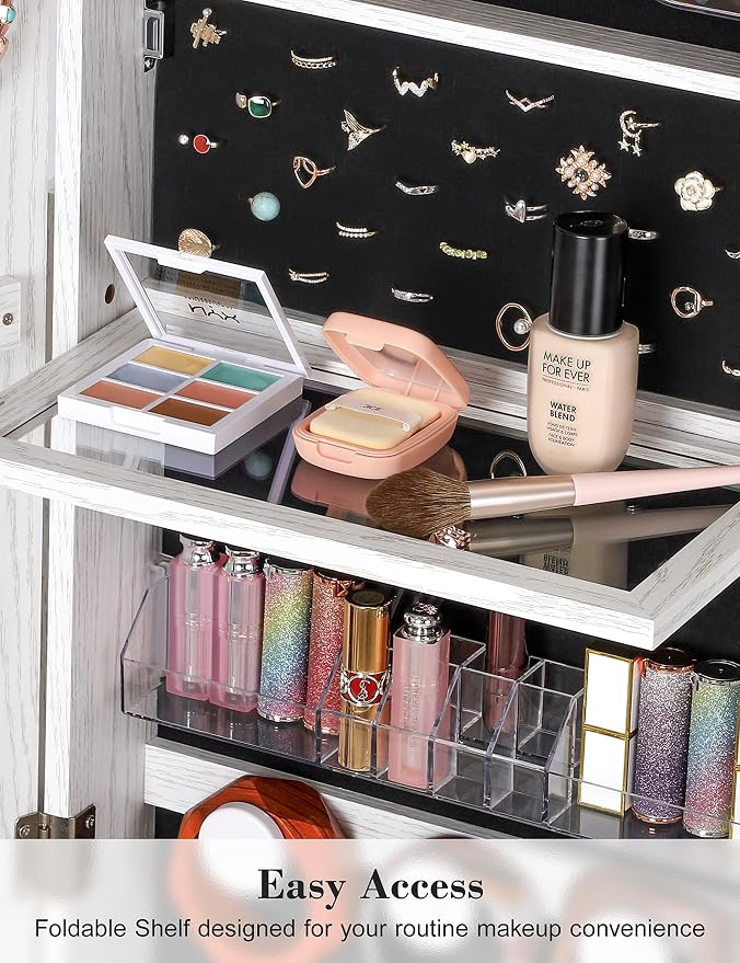 360° Swivel Jewelry Cabinet with Lights, Touch Screen Vanity Mirror, Rotatable Full Length Mirror with Jewelry Storage, Standing Jewelry Armoire Organizer, Foldable Makeup Shelf, White with Grain