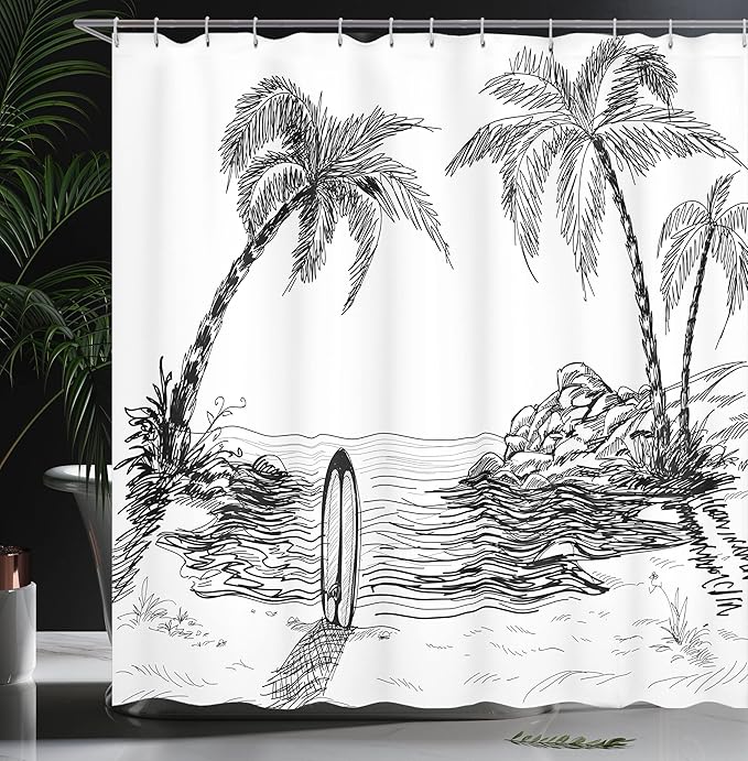 Ambesonne Surf Shower Curtain, Seascape with Coconut Tree and Surfboard on The Sand Summer Time Exotic Island Sketch, Cloth Fabric Bathroom Decor Set with Hooks, 69" W x 75" L, White and Black