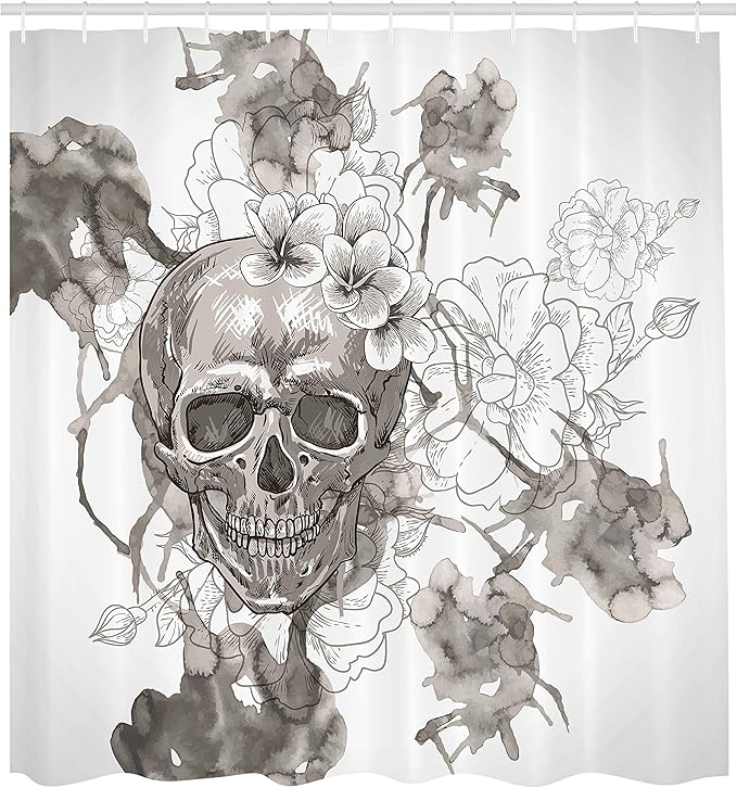 Ambesonne Day of The Dead Shower Curtain, Painting Skull Flowers Dia de Los Muertos Designed Print, Cloth Fabric Bathroom Decor Set with Hooks, 69" W x 70" L, Dimgrey and White