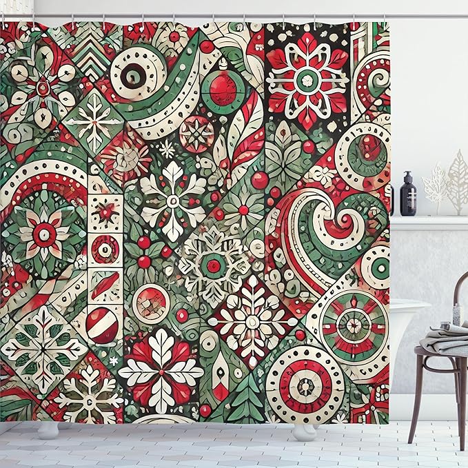 Ambesonne Christmas Shower Curtain, Jumble Design of Leafy Atmosphere Xmas Floral and Winter Bells Party, Cloth Fabric Bathroom Decor Set with Hooks, 69" W x 70" L, Dark Pink Laurel Green