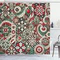 Ambesonne Christmas Shower Curtain, Jumble Design of Leafy Atmosphere Xmas Floral and Winter Bells Party, Cloth Fabric Bathroom Decor Set with Hooks, 69" W x 70" L, Dark Pink Laurel Green