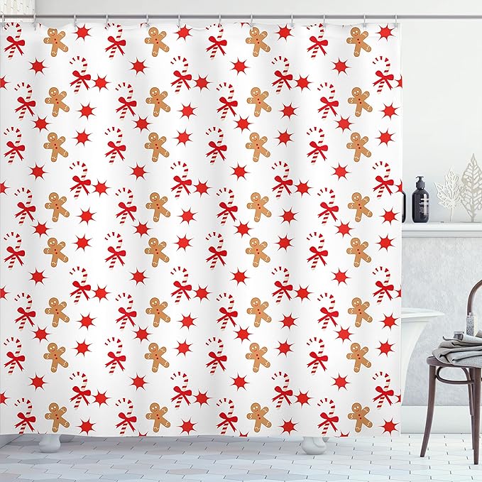Ambesonne Gingerbread Man Shower Curtain, Candy Cane with Bowties Red Star Gingerbread Man Pattern, Cloth Fabric Bathroom Decor Set with Hooks, 69" W x 84" L, Sand Brown Orange