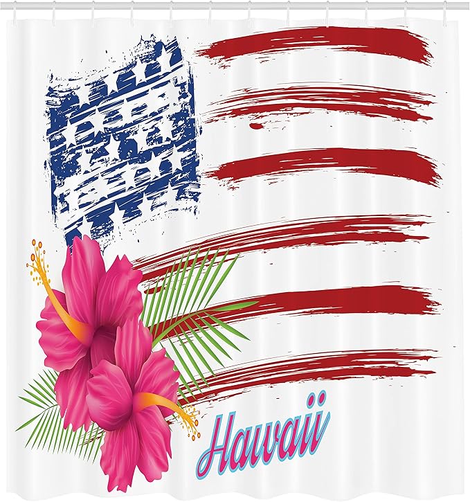 Ambesonne Hawaiian Shower Curtain, American Flag Theme Stars and Stripes Hibiscus Leaves Hawaii USA Patriotic Art, Cloth Fabric Bathroom Decor Set with Hooks, 69" W x 84" L, Fuchsia Navy