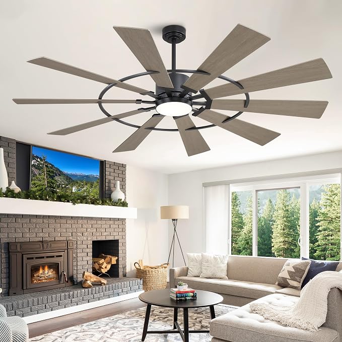 WINGBO 84" Windmill Ceiling Fan with Lights, 3 Downrod, 6-Speed Reversible DC Motor, 3CCT, 10 Blade Indoor Farmhouse DC Ceiling Fans for Kitchen Bedroom Living Room Patio, Matte Black and Grey