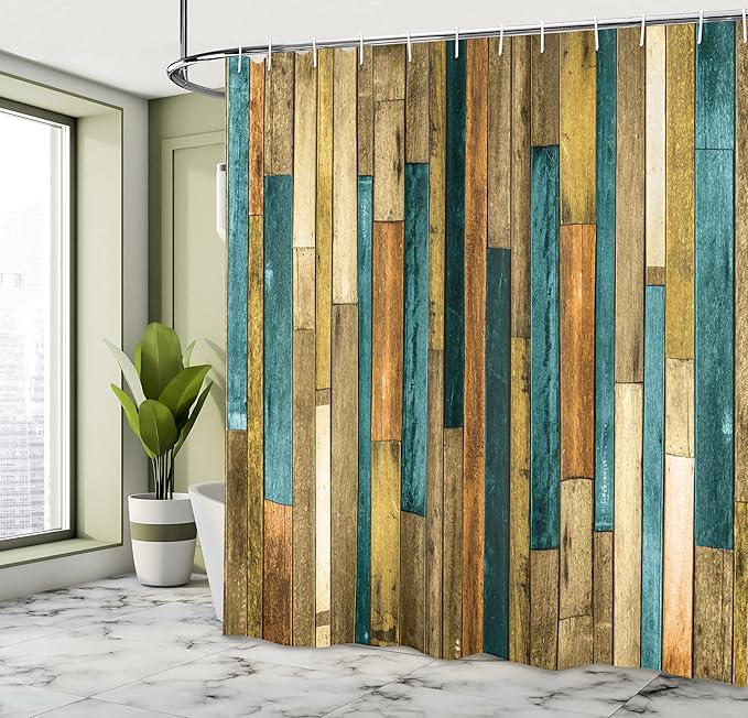 Ambesonne Wooden Print Shower Curtain, Brown Old Hardwood Floor Plank Grunge Lodge Garage Natural Rural Graphic, Cloth Fabric Bathroom Decor Set with Hooks, 69" W x 70" L, Cadet Blue