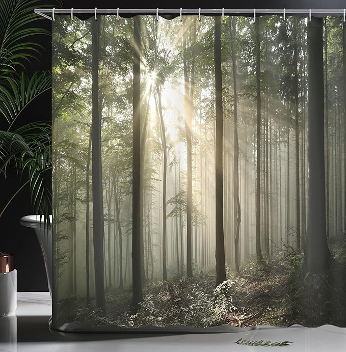 Ambesonne Forest Shower Curtain, Sunrise in The Early Autumn Season of a Deciduous Forest with Wild Woodland Seasonal Picture Style, Cloth Fabric Bathroom Set with Hooks, 69" W x 75" L, Black Green