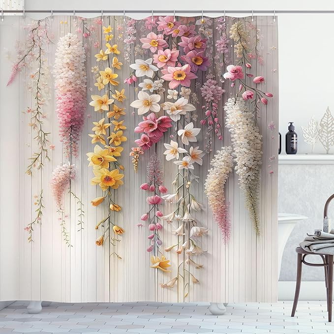 Ambesonne Spring Shower Curtain, Delicate and Romantic Arrange of Creeper Mesh Flowers Cascade Neutral Theme, Cloth Fabric Bathroom Decor Set with Hooks, 69" W x 84" L, Blush Yellow Pink