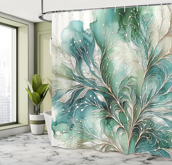 Ambesonne Teal Shower Curtain, Abstract Marble Print Design of Greenery Clouds and Dreamy Leafy Peduncles, Cloth Fabric Bathroom Decor Set with Hooks, 69" W x 70" L, Cadet Blue Dark Khaki