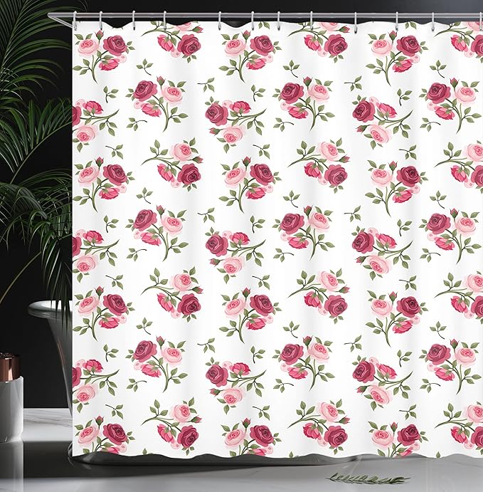 Ambesonne Rose Shower Curtain, Pattern with Rose Stems Flowers Garden Classic English Style Design Print, Cloth Fabric Bathroom Decor Set with Hooks, 69" W x 75" L, Pink Fern