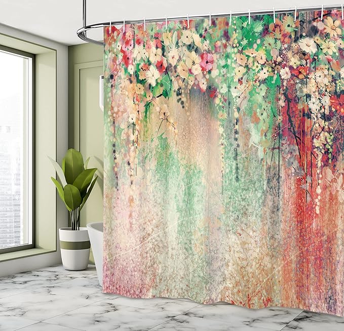 Ambesonne Flower Shower Curtain, Abstract Herbs Alternative Medicine Blossoms Ivy Back Florets Shrubs Design, Cloth Fabric Bathroom Decor Set with Hooks, 69" W x 70" L, Shamrock Green
