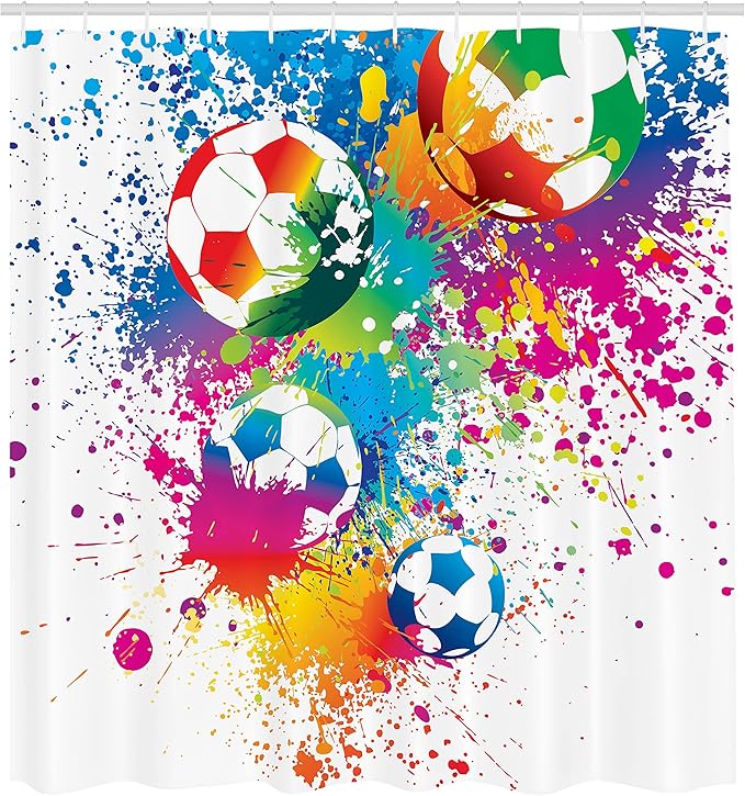 Ambesonne Soccer Shower Curtain, Colored Splashes All Over Soccer Balls Score World Cup Championship Athletic, Cloth Fabric Bathroom Decor Set with Hooks, 69" W x 70" L, Off White Multicolor