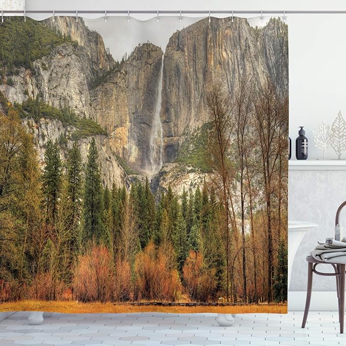 Ambesonne Yosemite Shower Curtain, Yosemite Falls Trees Mountain Cliff Autumn National Park California Nature Print, Cloth Fabric Bathroom Decor Set with Hooks, 69" W x 84" L, Orange Green