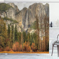 Ambesonne Yosemite Shower Curtain, Yosemite Falls Trees Mountain Cliff Autumn National Park California Nature Print, Cloth Fabric Bathroom Decor Set with Hooks, 69" W x 84" L, Orange Green