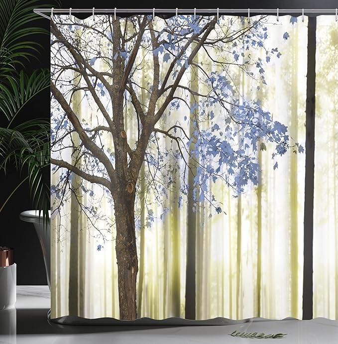 Ambesonne Autumn Shower Curtain, Picture of a Lonely Tree Leaves on an Abstract Woodland Background Print, Cloth Fabric Bathroom Decor Set with Hooks, 69" W x 84" L, Night Violet