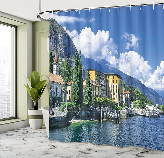Ambesonne Italy Shower Curtain, Panoramic Landscape of Lake Como Mountains and Clouds Digital Image Print, Cloth Fabric Bathroom Decor Set with Hooks, 69" W x 75" L, Blue and Green