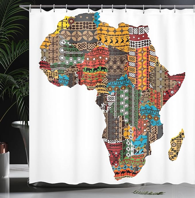 Ambesonne African Shower Curtain, Map with Countries Architectural Feature Popular Continent Artwork, Cloth Fabric Bathroom Decor Set with Hooks, 69" W x 84" L, Earth Yellow