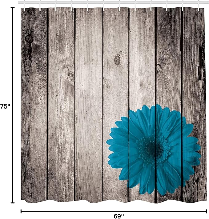 Ambesonne Rustic Shower Curtain, Flower Red Dahlia on Foreground of Murky Featured Dated Wooden Board Retro Art Print, Cloth Fabric Bathroom Decor Set with Hooks, 69" W x 75" L, Sea Blue