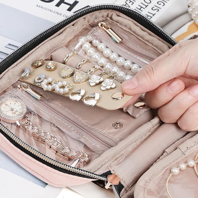 NISHEL Travel Jewelry Case Organizer, Tangle-Free Necklace Storage Bag | Stores rings, earrings, bracelets and watches in a compact case for travel, vacations and daily use, Pink, Small