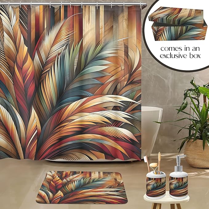 Ambesonne Aesthetic Bathroom Decor Set 4 Pcs Including Shower Curtain with Hooks Bath Mat Soap Dispenser Toothbrush Holder in Box Essentials & Accessories, Boho Rustic Leaves, Burnt Orange Teal Blue