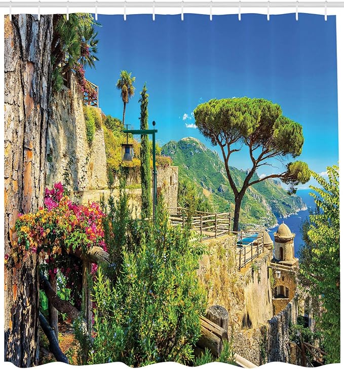 Ambesonne Scenery Shower Curtain, Mediterranean Stone Made Village with Trees Blossoms Flower Mountain and Sea, Cloth Fabric Bathroom Decor Set with Hooks, 69" W x 75" L, Multicolor Sky Blue