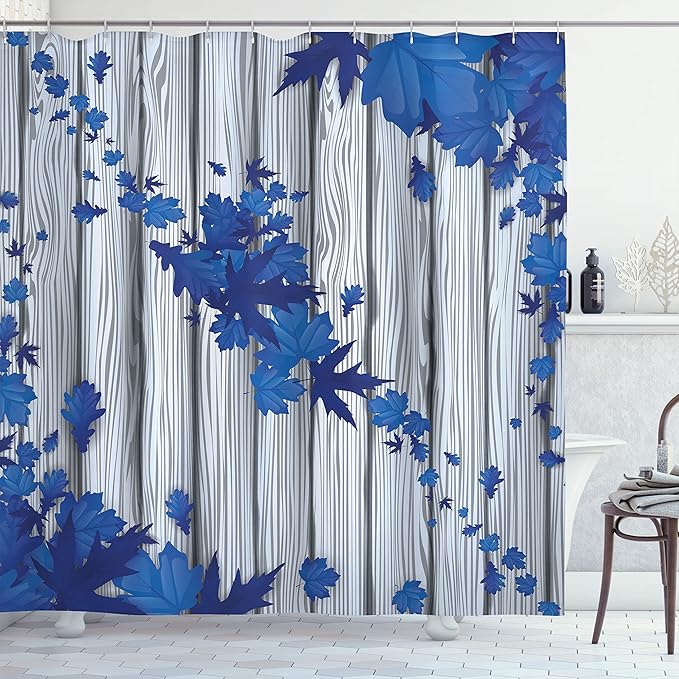 Ambesonne Autumn Shower Curtain, Fall Maple Leafs Tree Diagonal Leaves Foliage Rustic Wooden Planks Illustration, Cloth Fabric Bathroom Decor Set with Hooks, 69" W x 75" L, Cobalt Blue