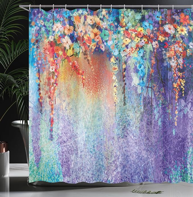 Ambesonne Flower Shower Curtain, Abstract Herbs Alternative Medicine Blossoms Ivy Back Florets Shrubs Design, Cloth Fabric Bathroom Decor Set with Hooks, 69" W x 70" L, Ceil Blue
