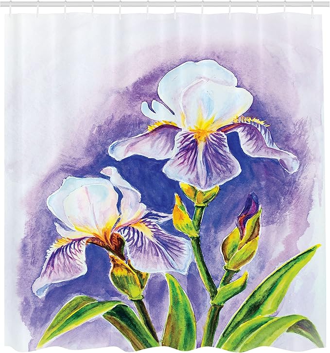 Ambesonne Watercolor Flower Shower Curtain, Painting of Iris Flower Spring Season Blooming Plant Nature Art, Cloth Fabric Bathroom Decor Set with Hooks, 69" W x 84" L, Violet Green