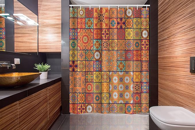 Ambesonne Moroccan Stall Shower Curtain, Group of Moroccan Geometric Patterns Floral Ornamental Patchwork Print, Fabric Bathroom Decor Set with Hooks, 54" W x 78" L, Marigold Orange
