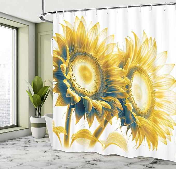 Ambesonne Yellow Shower Curtain, Vintage Countryside Farmhouse Vibe Pair of Sunflowers on Plain Background, Cloth Fabric Bathroom Decor Set with Hooks, 69" W x 75" L, Mustard Dimgray Cream