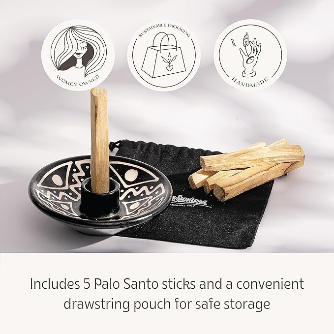 Palo Santo Holder with 5 Sticks - Luna Sundara Handmade Ceramic Incense Burner - Black & White Chulucanas Pottery from Peru - Smudge Bowl for Sage - Aromatherapy Gift Set
